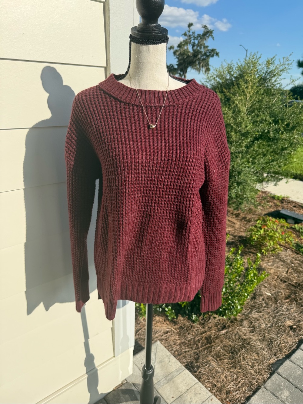 SO Burgundy Waffle-Knit Crewneck Sweater